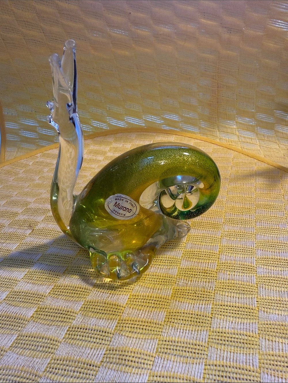 Vintage Murano Glass Snail Figurine with Label, Green Gold Flecks Art Glass